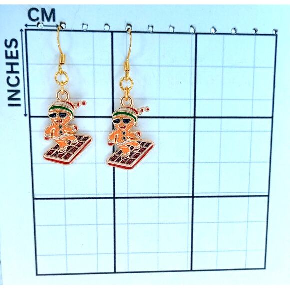 Gingerbread surfing chocolate bar dangle earrings — lightweight holiday jewelry - Picture 3 of 4